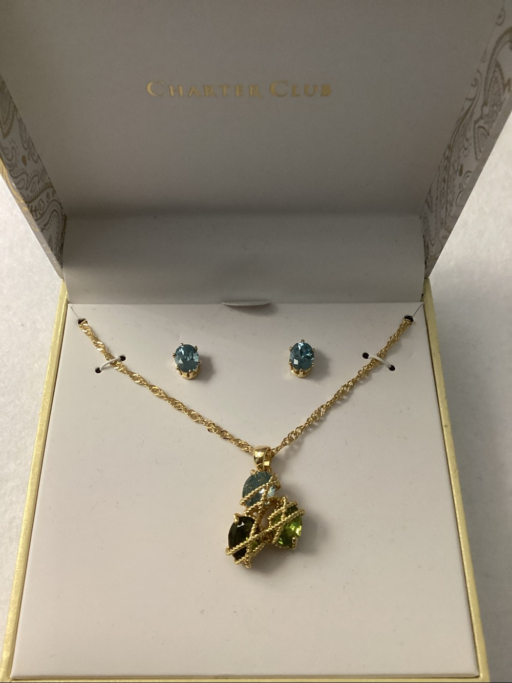 Charter Club Gold-Tone Necklace and Stud Earrings with Blue and Green Stones